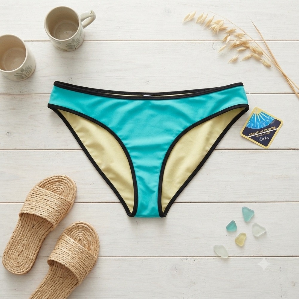 Fabletics Bajan Bikini Bottom Teal Blue Black Trim UV Protection NWT Size L